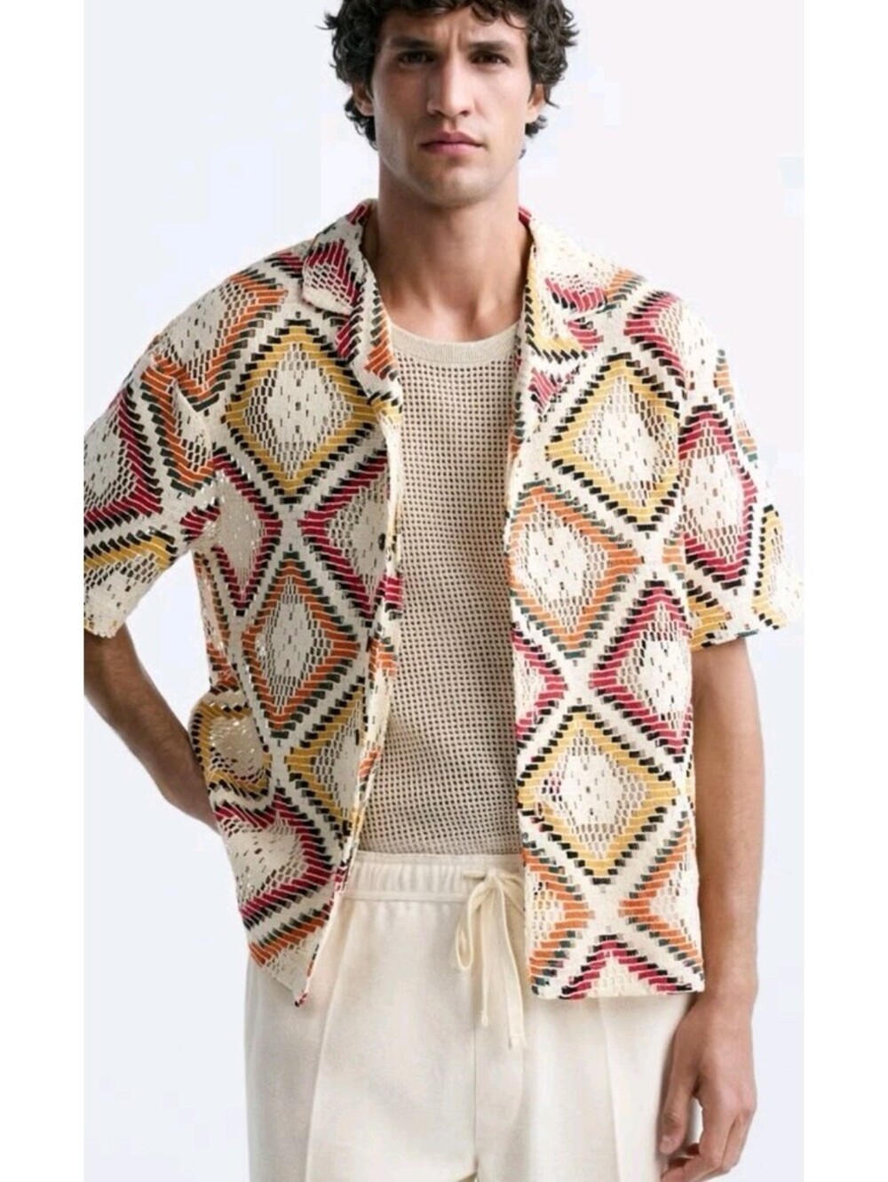 Zara Geometric Crochet Shirt M White Colorful Men's